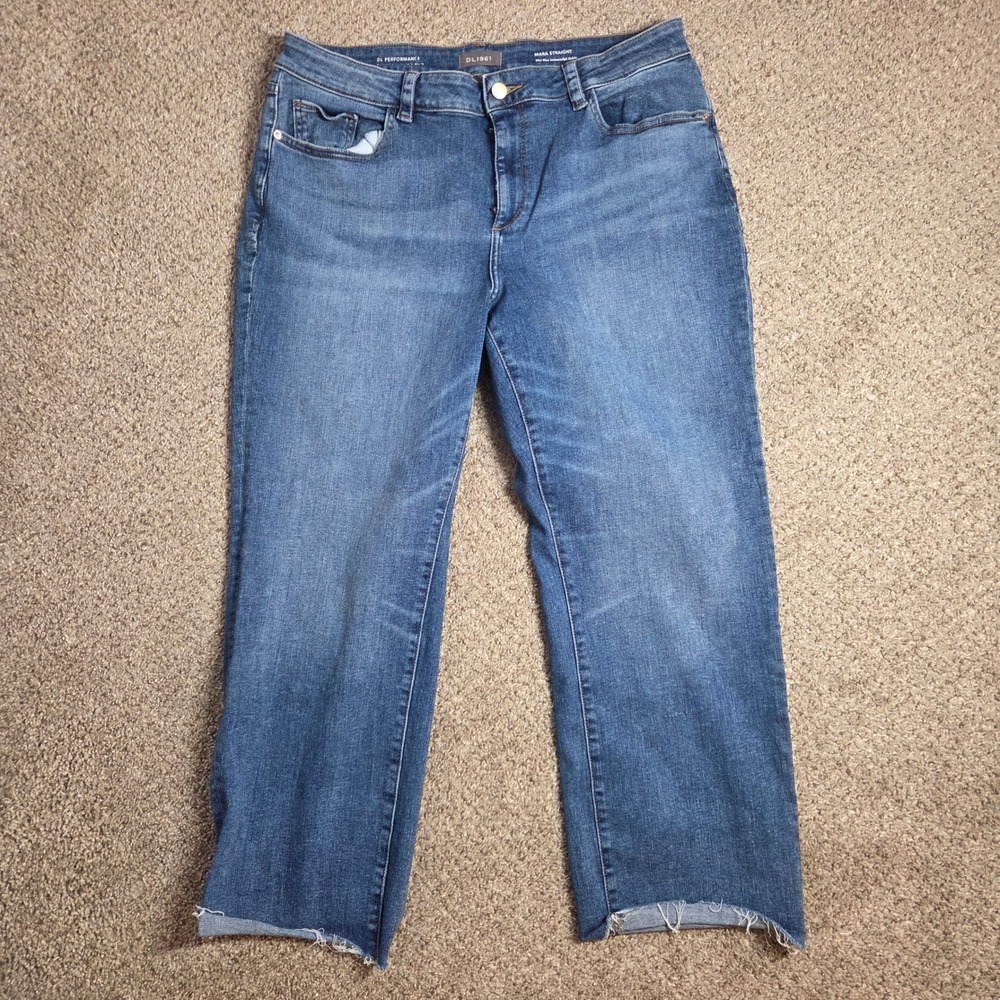 DL1961 Mara Straight Mid Rise Instasculpt‎ Ankle Jeans Blue Raw Hem 18W